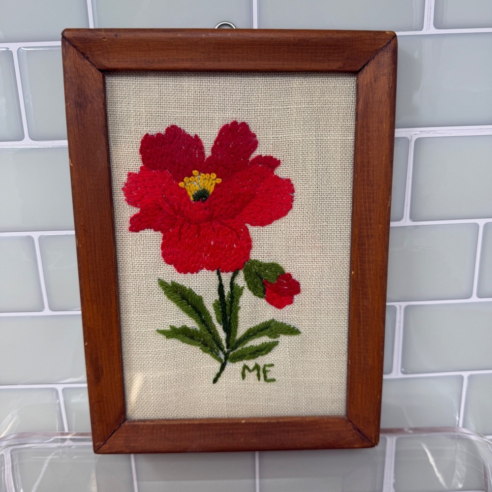 Vintage 1980 Handmade Floral Embroidery Hand Made Wood Frame Art Signed ME